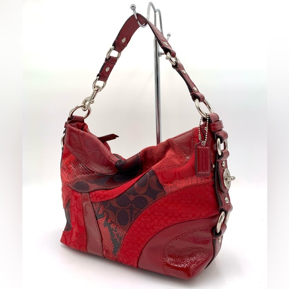 Coach Handbags - RARE⚡️COACH Ruby Red Patchwork Mosaic Carly Signature Zip Hobo Bag